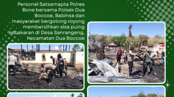 Wujud Kepedulian, Personel Polres Bone Gotong Royong Bersihkan Puing Pascakebakaran